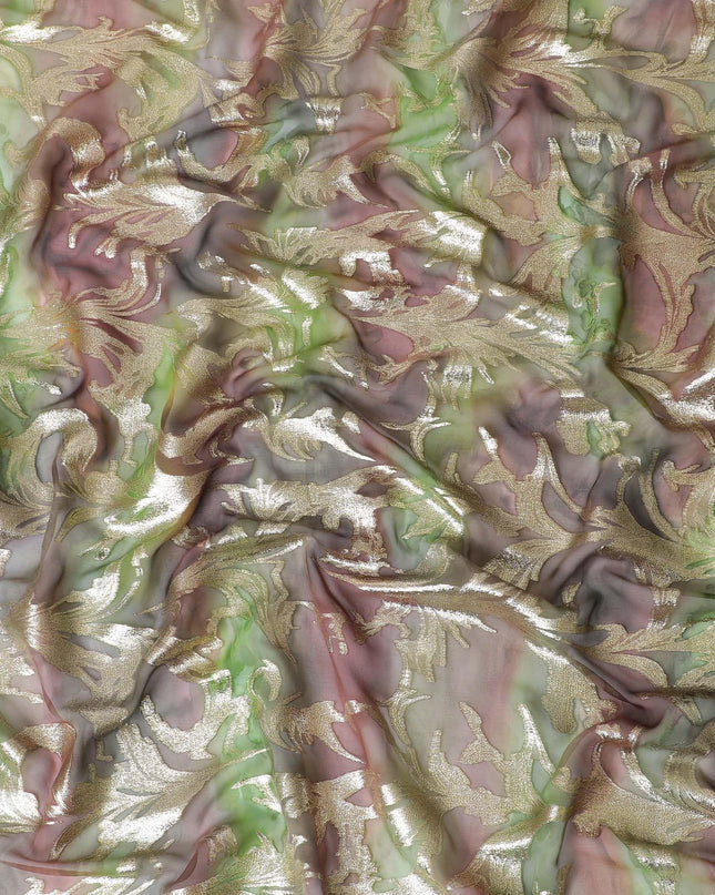 شيفون من الحرير الخالص متعدد الألوان مع لوريكس معدني ذهبي بتصميم أوراق الشجر -D11388