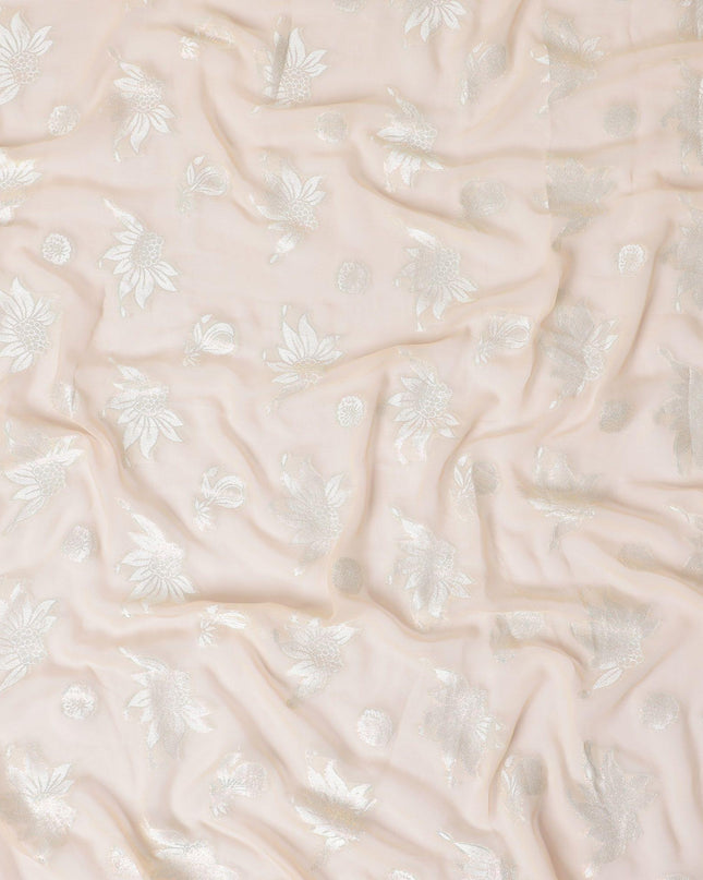 Light peach synthetic chiffon fabric with grey viscose and copper metallic lurex in floral design-D11888