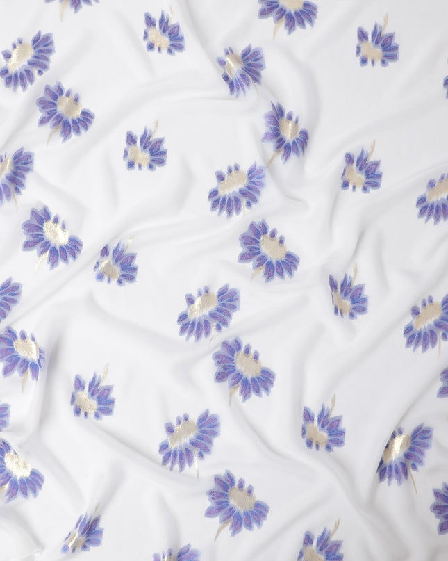 قماش شيفون من الحرير الخالص باللون الأبيض الفاتح مع الفيسكوز الأزرق والوركس المعدني الذهبي بتصميم الأزهار-D13263