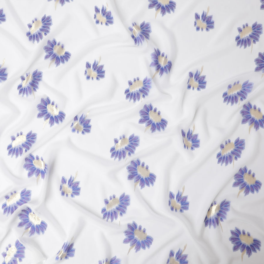 Off white premium pure silk chiffon fabric with blue viscose and gold metallic lurex in floral design-D13263