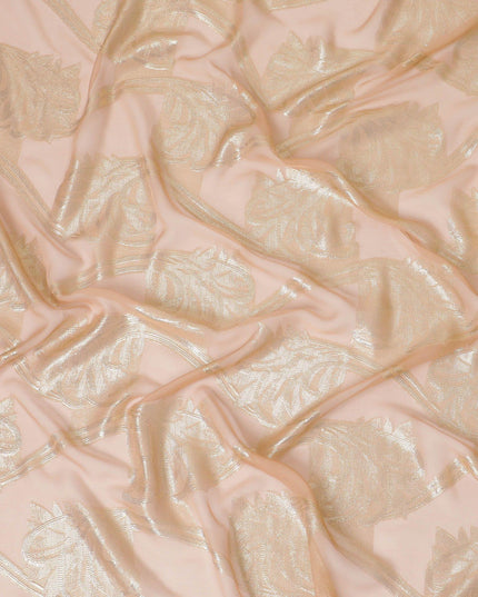 Light peach Premium pure French (Fransawi) silk chiffon fabric with gold metallic lurex in floral design-D9668