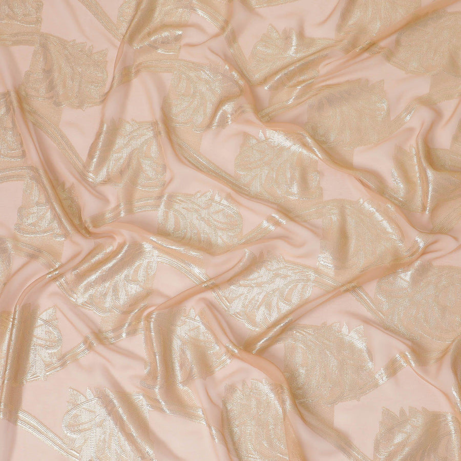 Light peach Premium pure French (Fransawi) silk chiffon fabric with gold metallic lurex in floral design-D9668