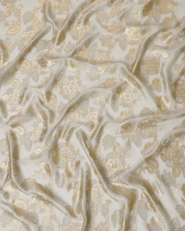Beige Premium pure French (Fransawi) silk chiffon fabric with grey viscose and gold metallic in floral design-D14276