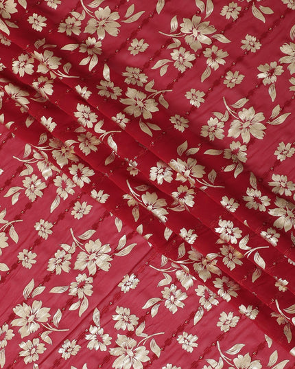 Barn red synthetic georgette fabric with same tone embroidery, gold sequins having gold foil print in floral design-D12230
