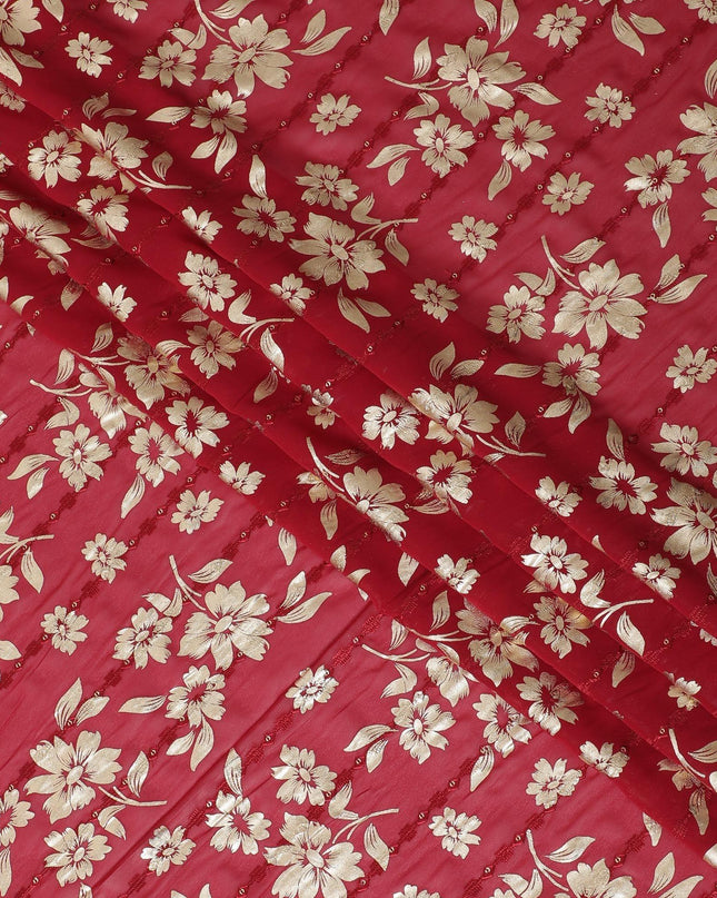 Barn red synthetic georgette fabric with same tone embroidery, gold sequins having gold foil print in floral design-D12230
