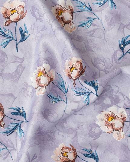 Light lavender synthetic crepe fabric with multicolor print having stone work in floral design-D15308