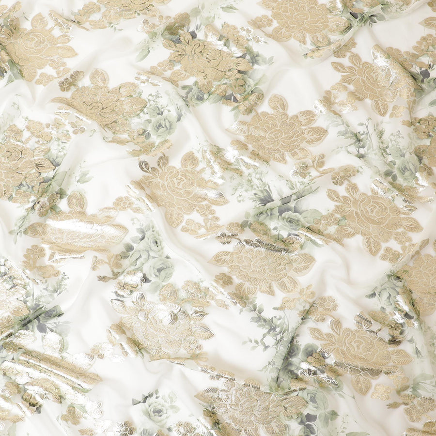 Off white pure silk chiffon fabric with laurel green, black print having gold metallic lurex in floral design-D8329