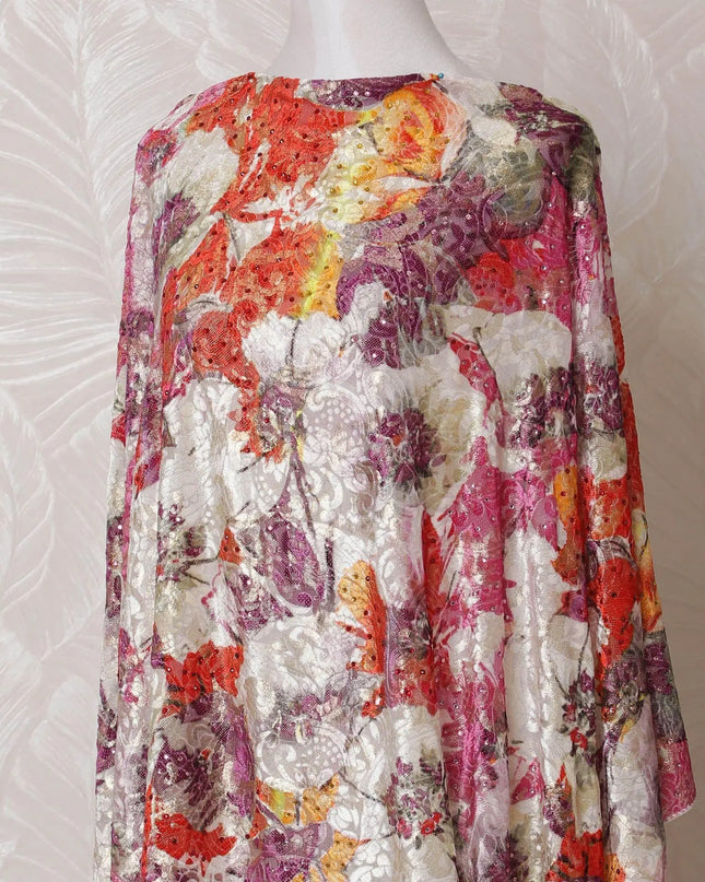 Off white Premium pure silk blended velvet fabric with multicolor print having gold foil and stone work in floral design-D14887 Regal Fabrics