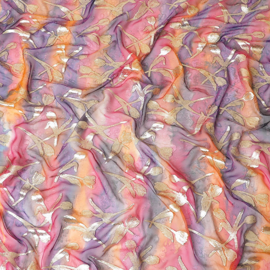 Multicolor premium hand printed pure silk chiffon fabric with gold metallic lurex in floral design-D9412