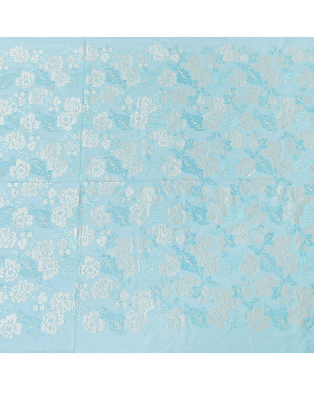 Baby blue premium pure cotton voile fabric with same tone and beige embroidery in floral design-D13638