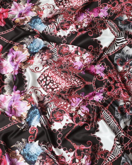 Black premium pure Italian silk satin fabric with multicolor print in floral design-D13746
