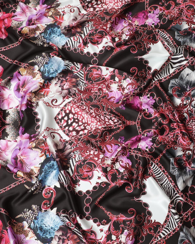 Black premium pure Italian silk satin fabric with multicolor print in floral design-D13746