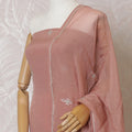 Rose pink Premium pure silk crepe kameez with bead work, sequin work and stone work in floral design. Rose pink plain salwar with same tone chiffon dupatta with same tone embroidery and bead work-D15580