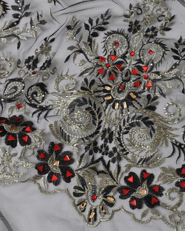 Black nylon tulle fabric with gold embroidery having stone work in floral design-D11704