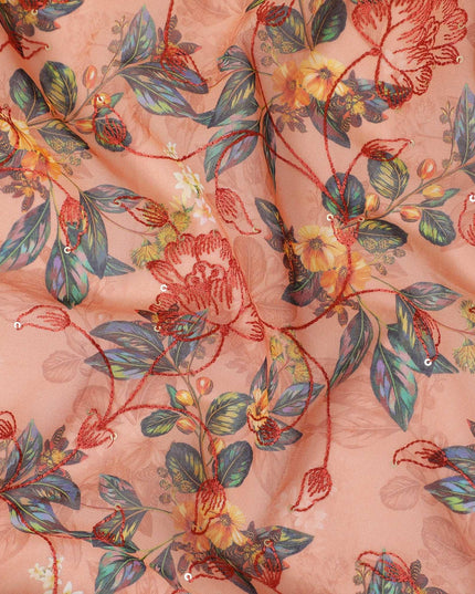 Rusty orange pure cotton voile fabric with multicolor print having embroidery and sequins in floral design-D13240