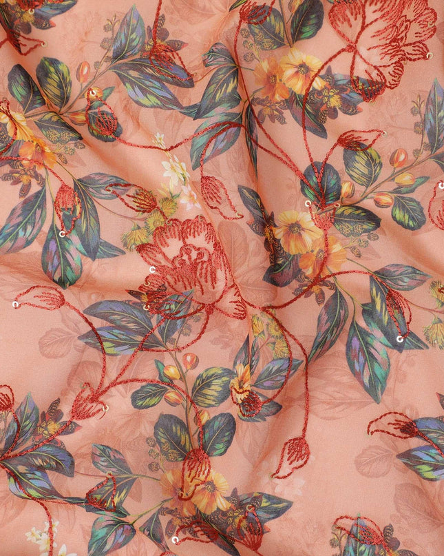 قماش فوال من القطن الخالص باللون البرتقالي الصدئ مع طباعة متعددة الألوان مع تطريز وترتر بتصميم زهور-D13240