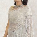 Off white, gold, silver Premium Pure metallic French chantilly lace saree having stone work in floral design-D13473