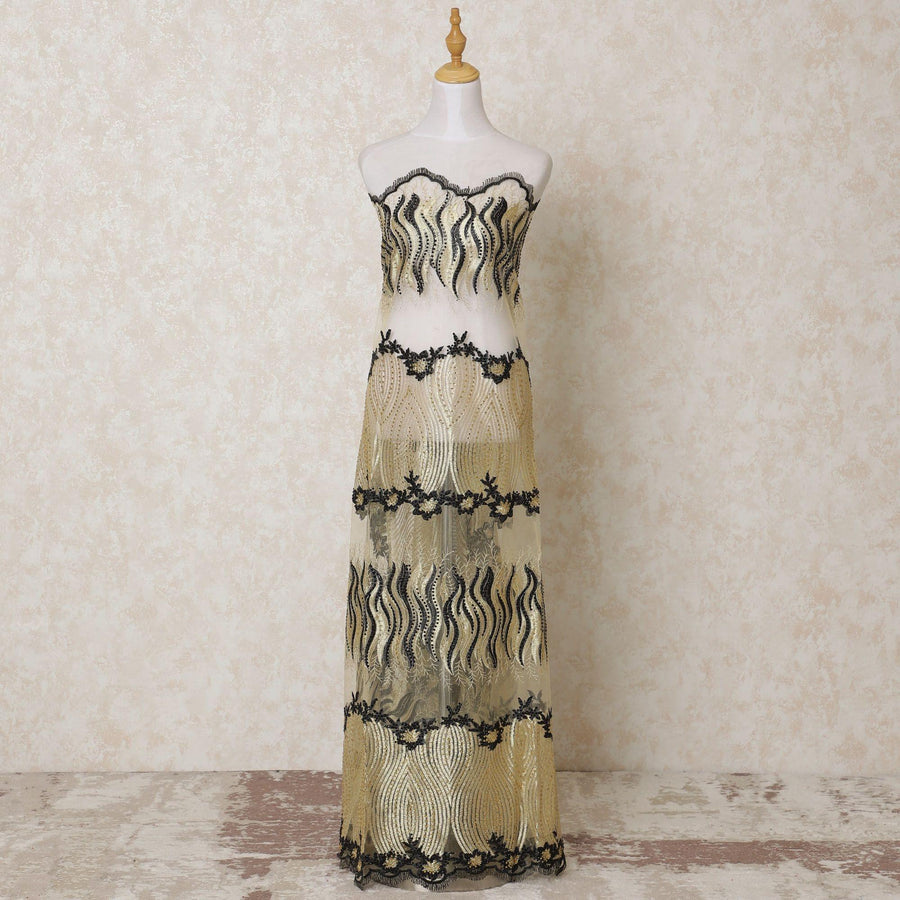 Gold nylon tulle fabric with same tone, black embroidery having stone work in abstract design-D14111