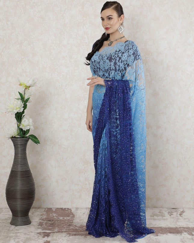 Baby blue to Royal blue Premium pure French chantilly lace saree having stone work in ombre design-D14516