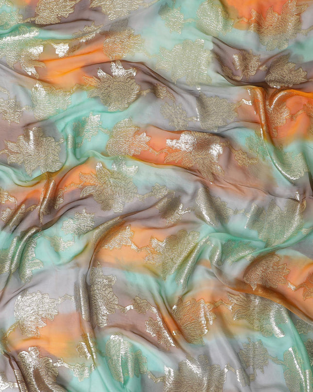 قماش شيفون حريري فرنسي (فرنساوي) فاخر متعدد الألوان مع لوركس معدني ذهبي بتصميم زهور-D14002