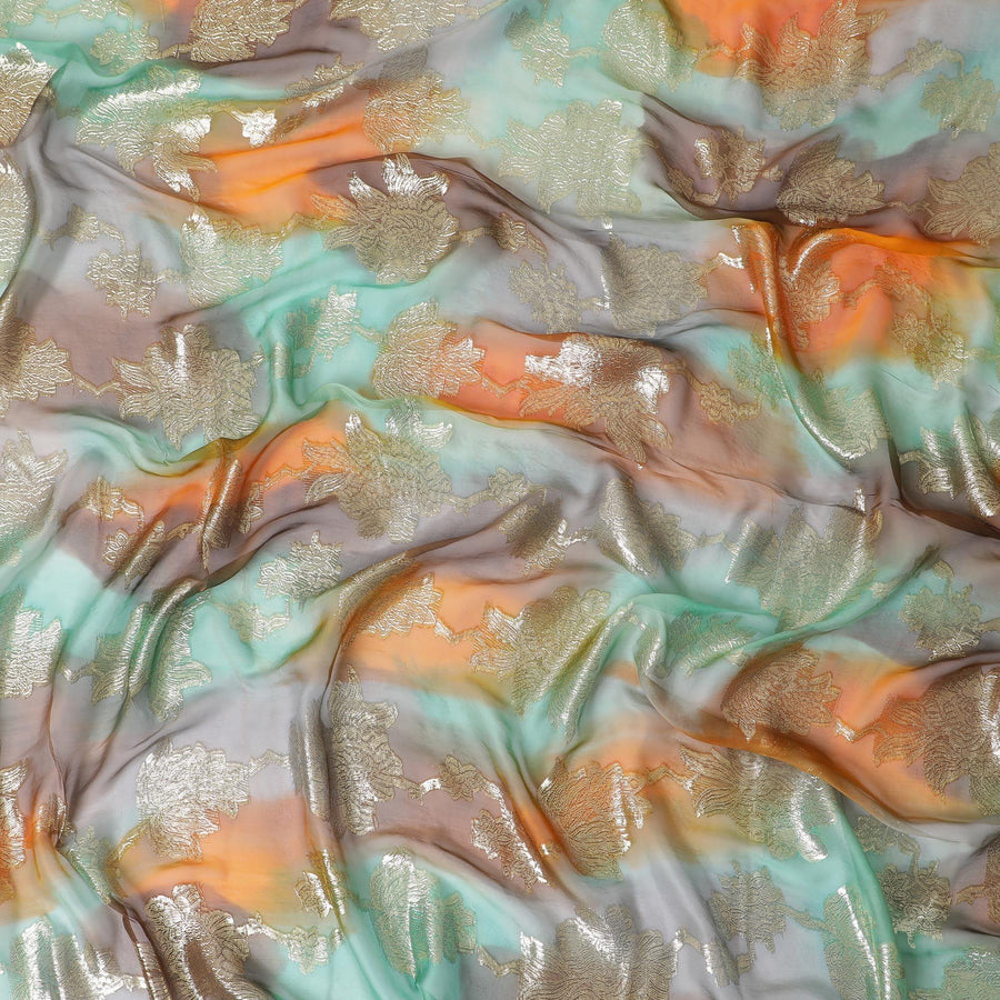 Multicolor Premium pure French (Fransawi) silk chiffon fabric with gold metallic lurex in floral design-D14002