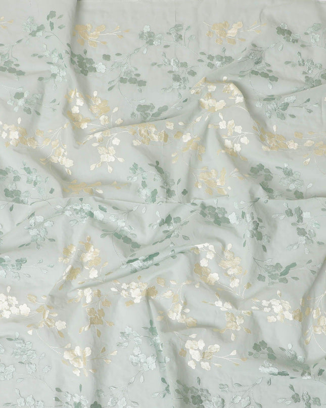 قماش الفوال القطني الخالص الفاخر باللون الأخضر الغار مع نفس اللون والتطريز البيج بتصميم الأزهار-D13630