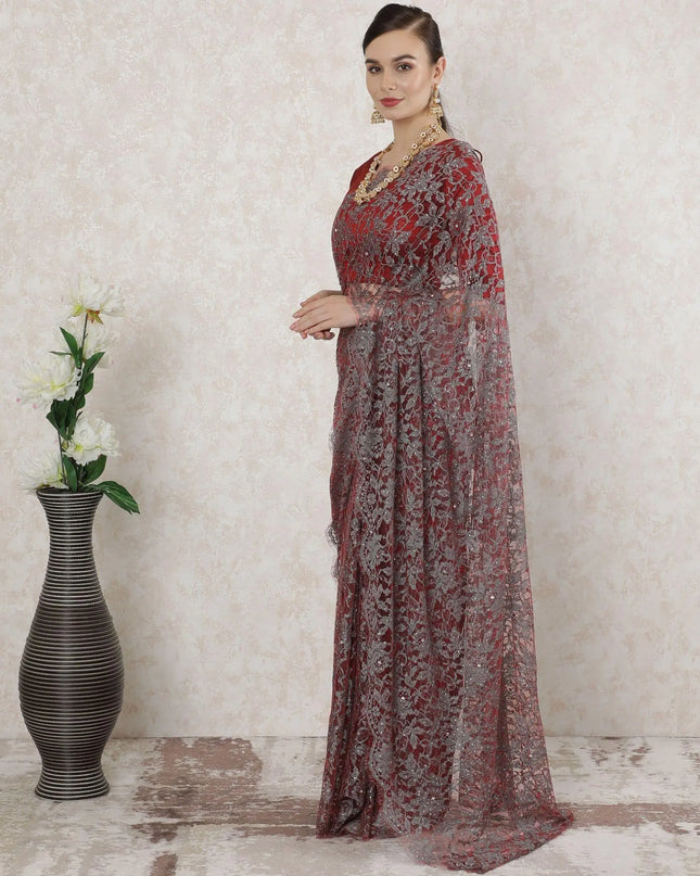 Red, Coin grey Premium pure 2tone French chantilly lace saree having stone work in floral design-D14511 Regal Fabrics