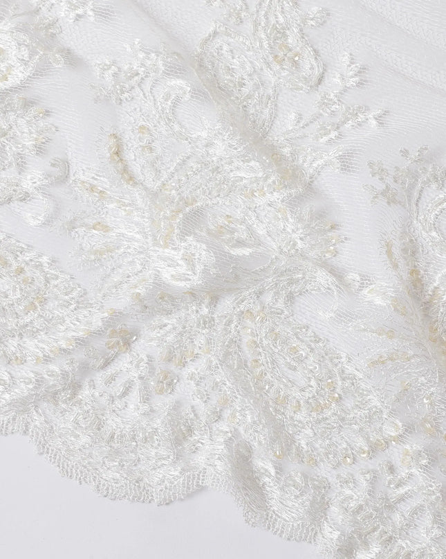 White lace fabric with same tone embroidery, bead work in floral design-D11724 Regal Fabrics