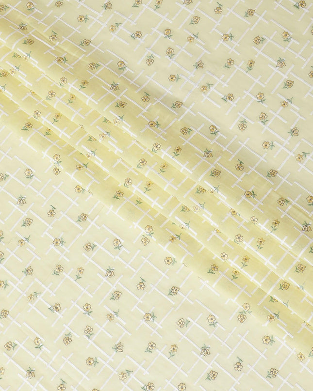 Banana yellow cotton voile fabric with same tone, sage green and white embroidery in floral design-D11942