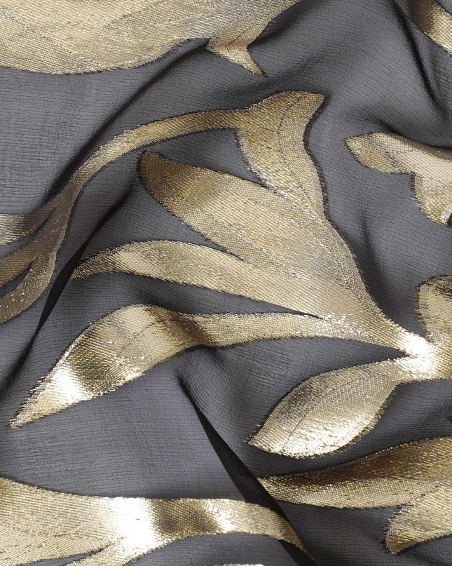 Black Premium pure silk chiffon with gold metallic lurex in Leaf design-D11358