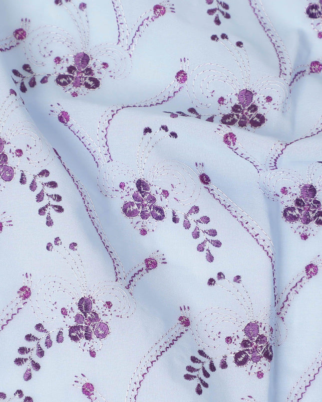 Baby blue Premium 100% Swiss cotton voile (Sudanese Thobe) fabric with purple and silver embrodiery in floral design-D13522