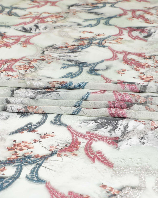 Light Laurel green synthetic chiffon fabric with multicolor print having cerise pink, silver and blue metallic lurex in abstract design-D9673