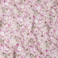 Off white synthetic crepe fabric with magenta purple, brown and black print in floral design-D11035