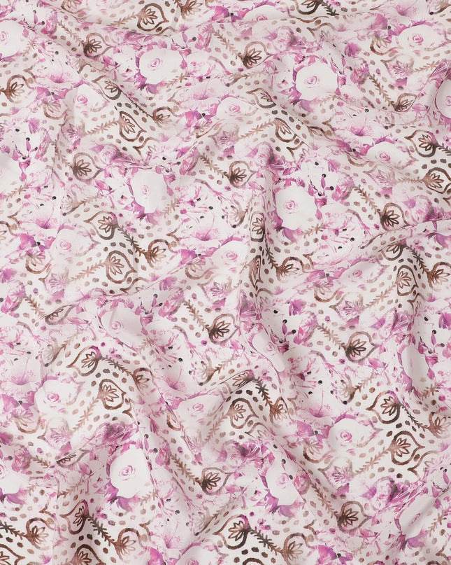 Off white synthetic crepe fabric with magenta purple, brown and black print in floral design-D11035 Regal Fabrics
