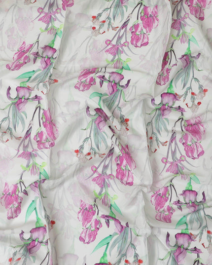 Off white synthetic crepe fabric with multicolor print in floral design-D10020 - Regal Fabrics