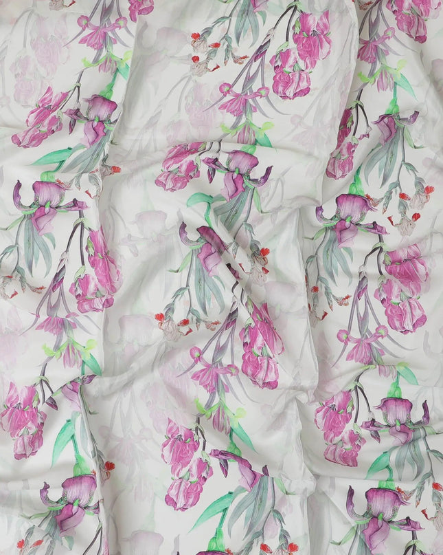 Off white synthetic crepe fabric with multicolor print in floral design-D10020 Regal Fabrics