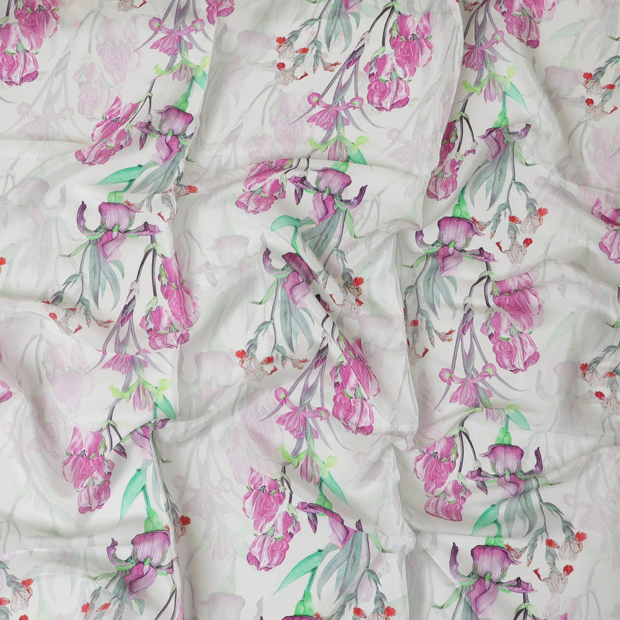 Off white synthetic crepe fabric with multicolor print in floral design-D10020 - Regal Fabrics