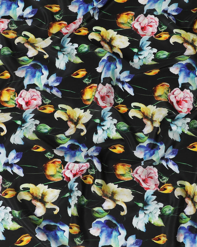 Black viscose fabric with multicolor print in floral design-D12257