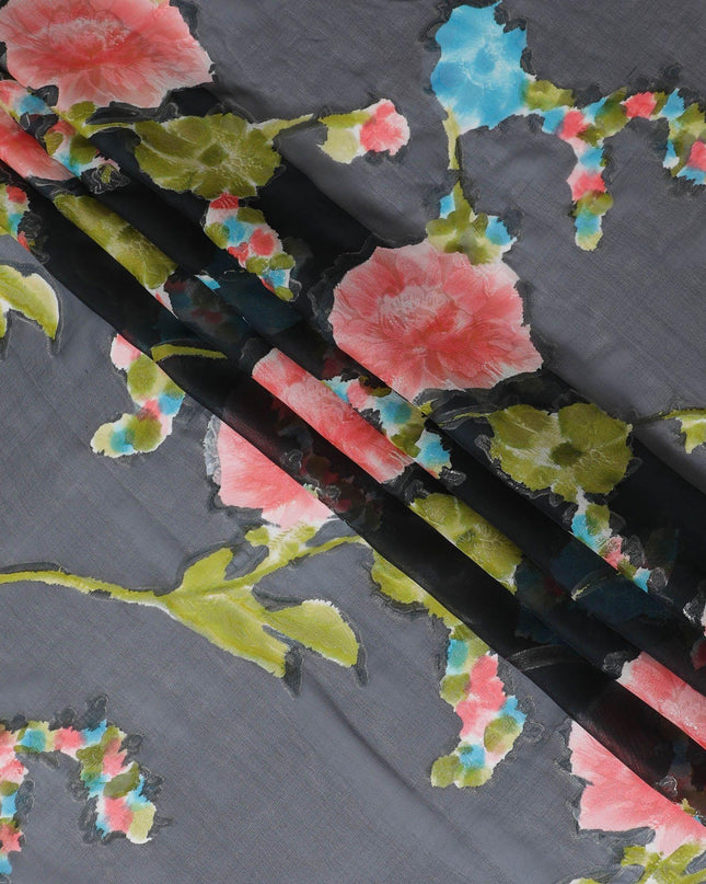 Black hand printed Premium pure silk chiffon with gold metallic lurex and multicolor prints in floral design-D11392