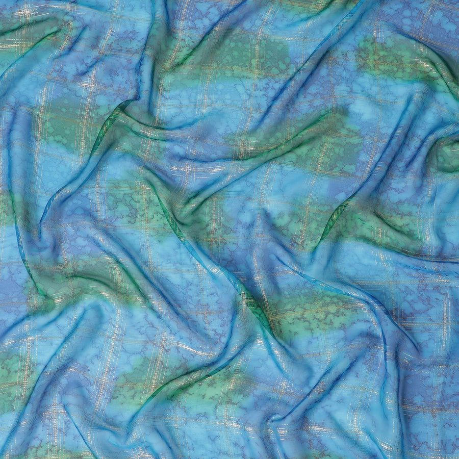 Multicolor Premium pure silk chiffon fabric with gold metallic lurex in checks design-D11403