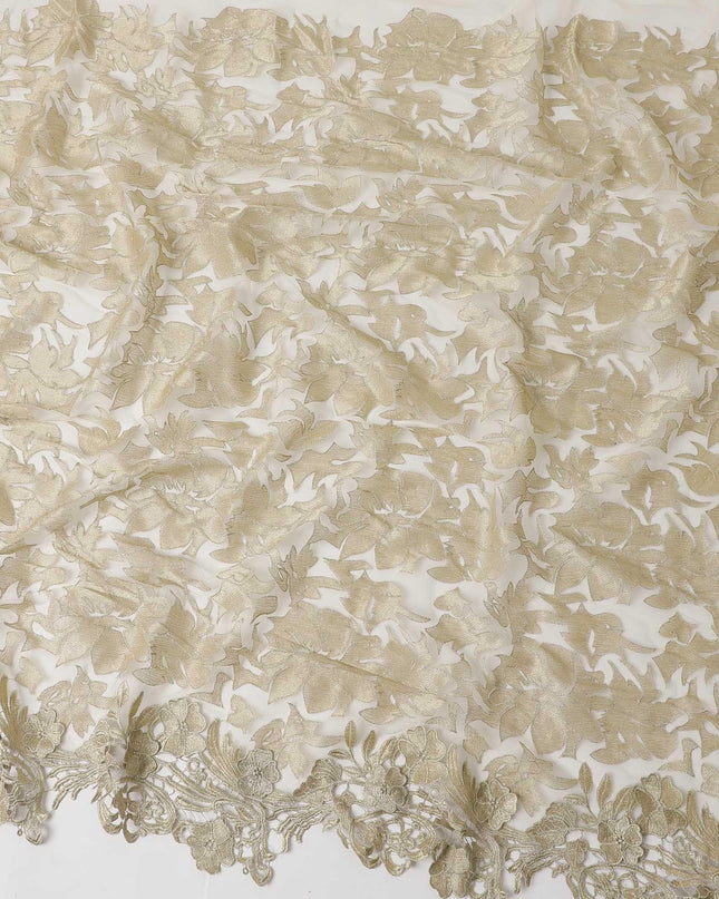 Honeysuckle beige nylon tulle fabric with floral embroidery and fancy border in floral design