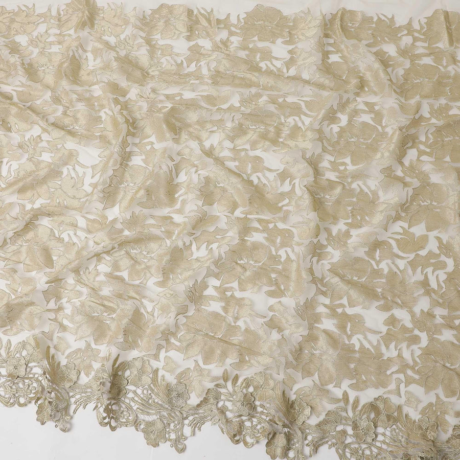 Honeysuckle beige nylon tulle fabric with floral embroidery and fancy border in floral design