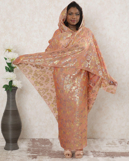 Salmon pink Premium pure silk chiffon thobe with blue and sage green viscose having gold metallic lurex in floral design-D14365 Regal Fabrics