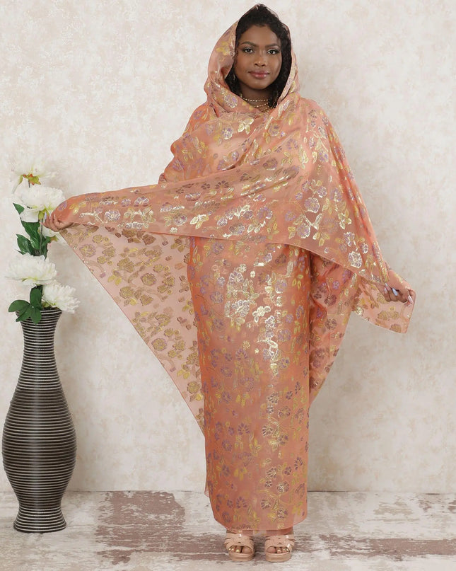 Salmon pink Premium pure silk chiffon thobe with blue and sage green viscose having gold metallic lurex in floral design-D14365 Regal Fabrics