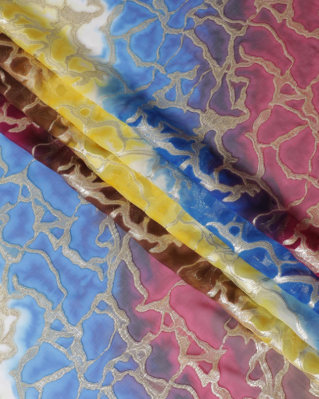 شيفون من الحرير الخالص متعدد الألوان مع لوريكس معدني ذهبي بتصميم تجريدي -D11365