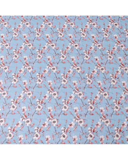 Steel blue cotton voile fabric with cerise pink, off white and black print in floral design-D10751 Regal Fabrics