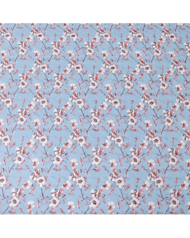 Steel blue cotton voile fabric with cerise pink, off white and black print in floral design-D10751 Regal Fabrics