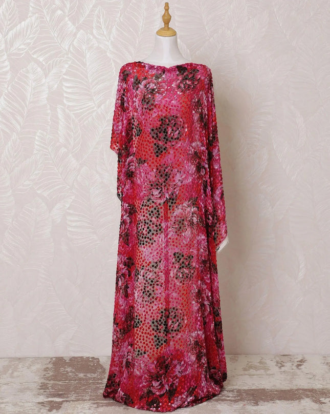 Magenta pink Premium pure Italian silk blended velvet makmal dirac fabric with multicolor print and same tone metallic lurex in floral design-D15115 Regal Fabrics