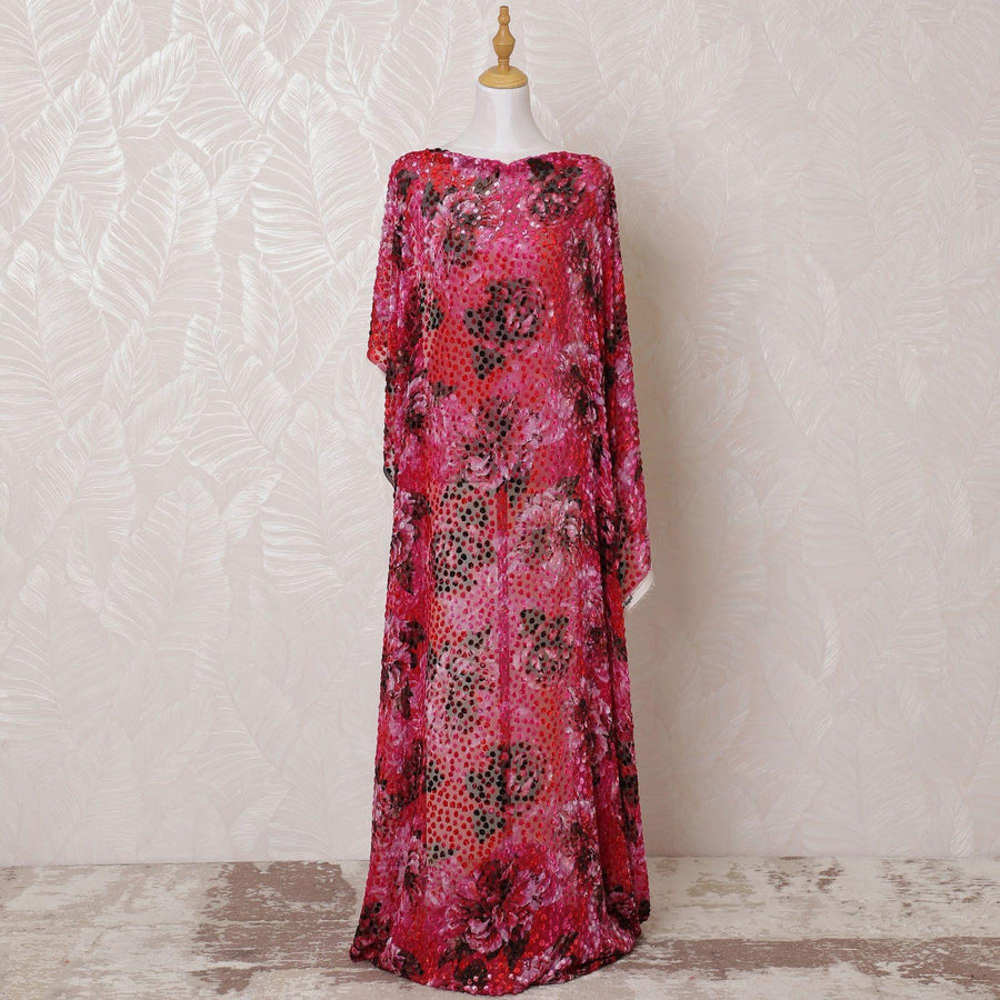 Magenta pink Premium pure Italian silk blended velvet makmal dirac fabric with multicolor print and same tone metallic lurex in floral design-D15115