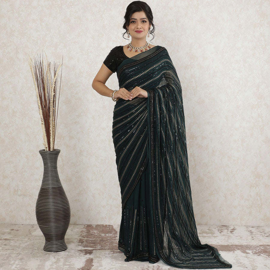 Bottle green Premium pure wrinkle silk chiffon saree with black, gold embroidery having sequins, bead work in fancy design-D13495